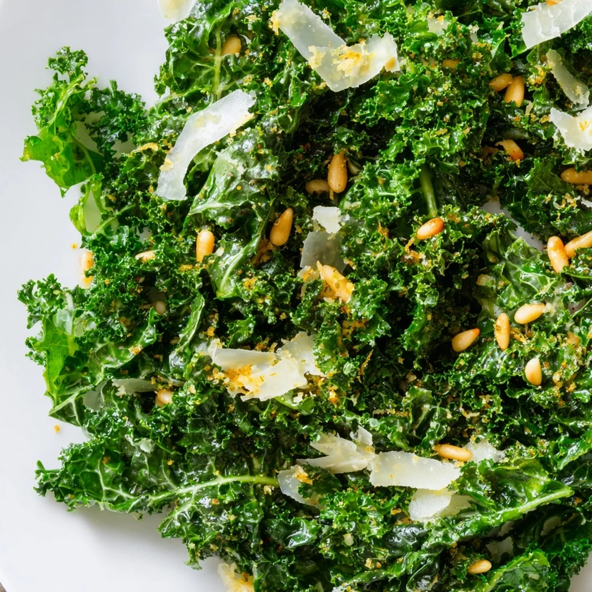 Fresh massaged kale leaves coated in zesty Garlic Lemon Parmesan dressing on white plate