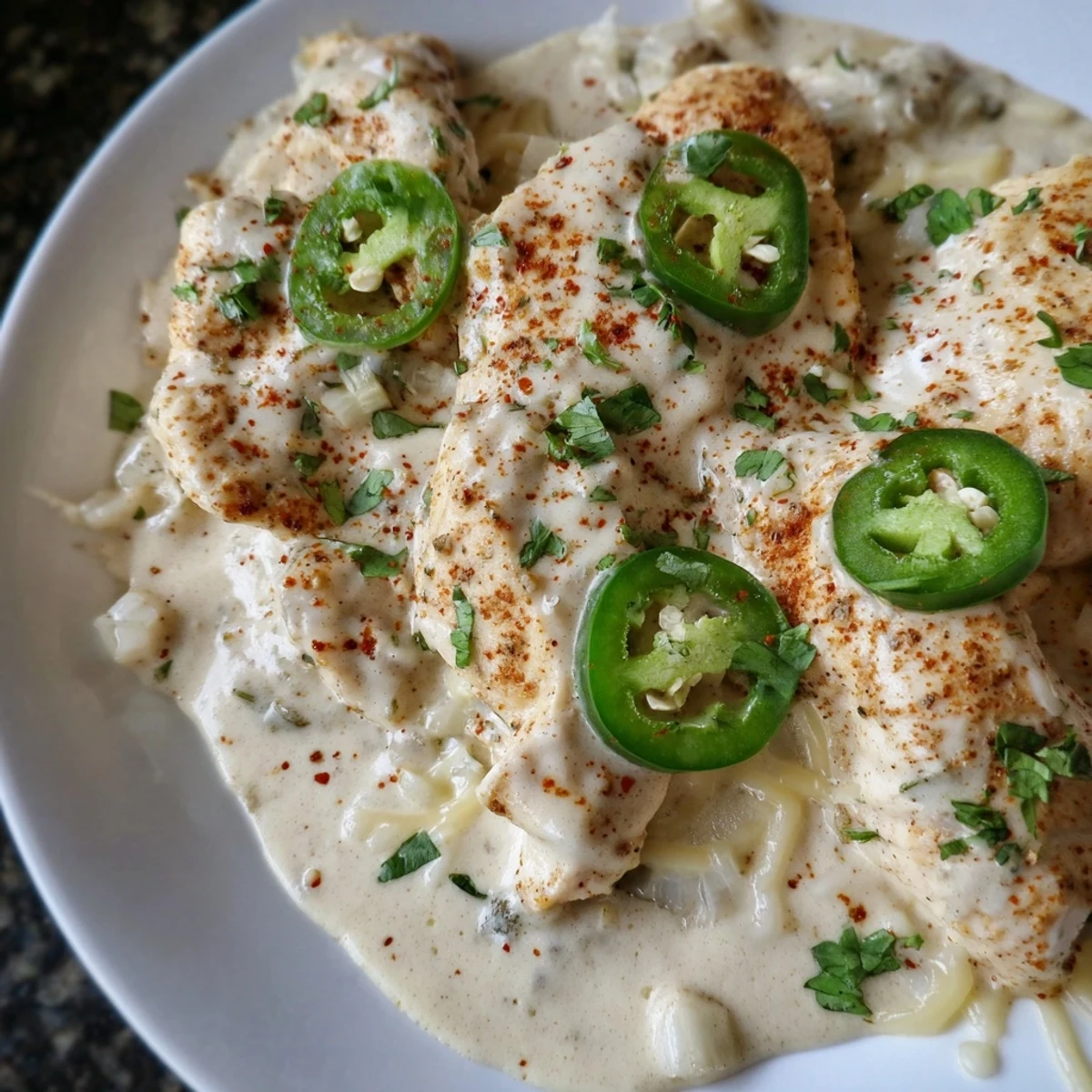 Jalapeno chicken breasts smothered in creamy cheese sauce with sliced peppers and cilantro garnish