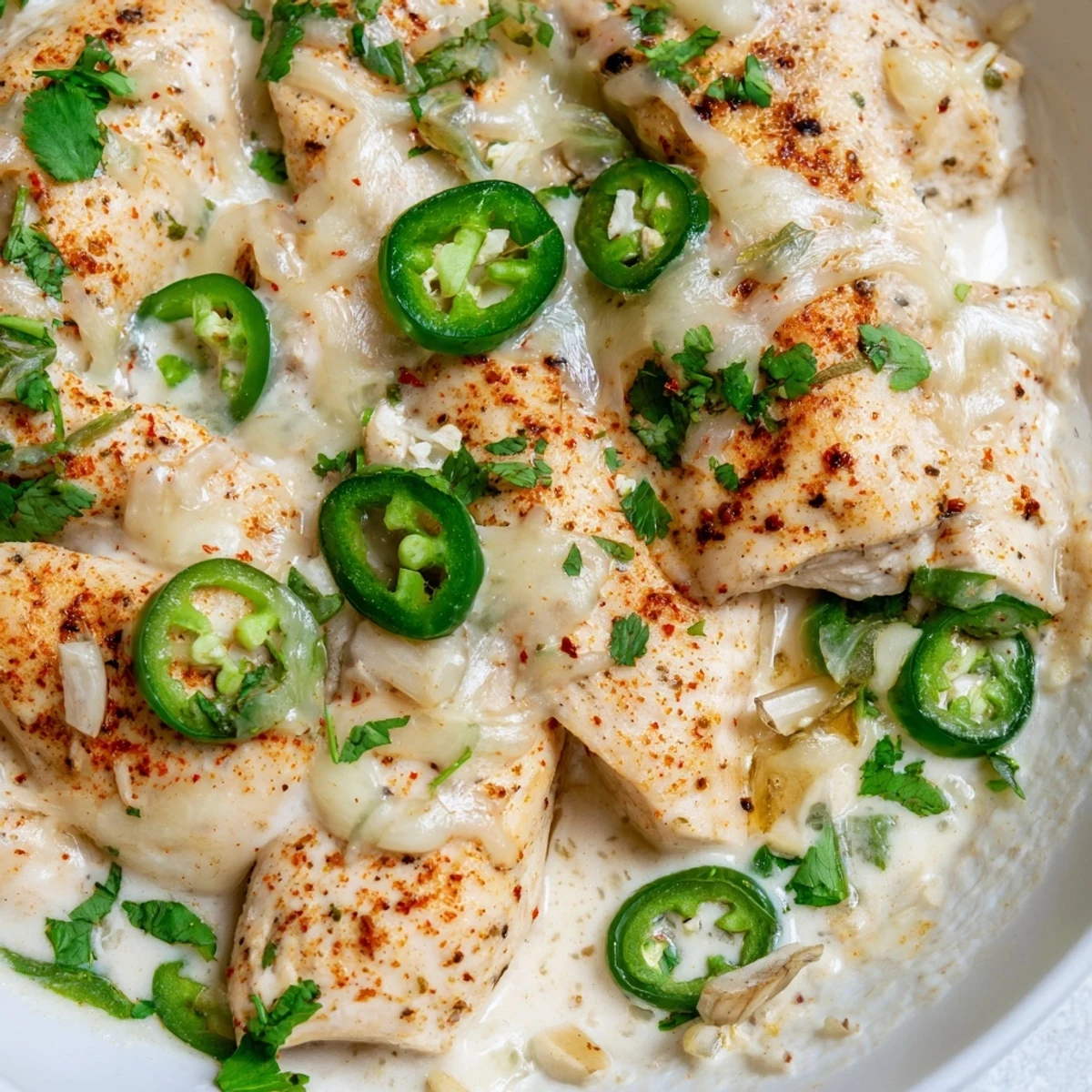 Golden seared jalapeno chicken topped with spicy cream sauce in a cast iron skillet