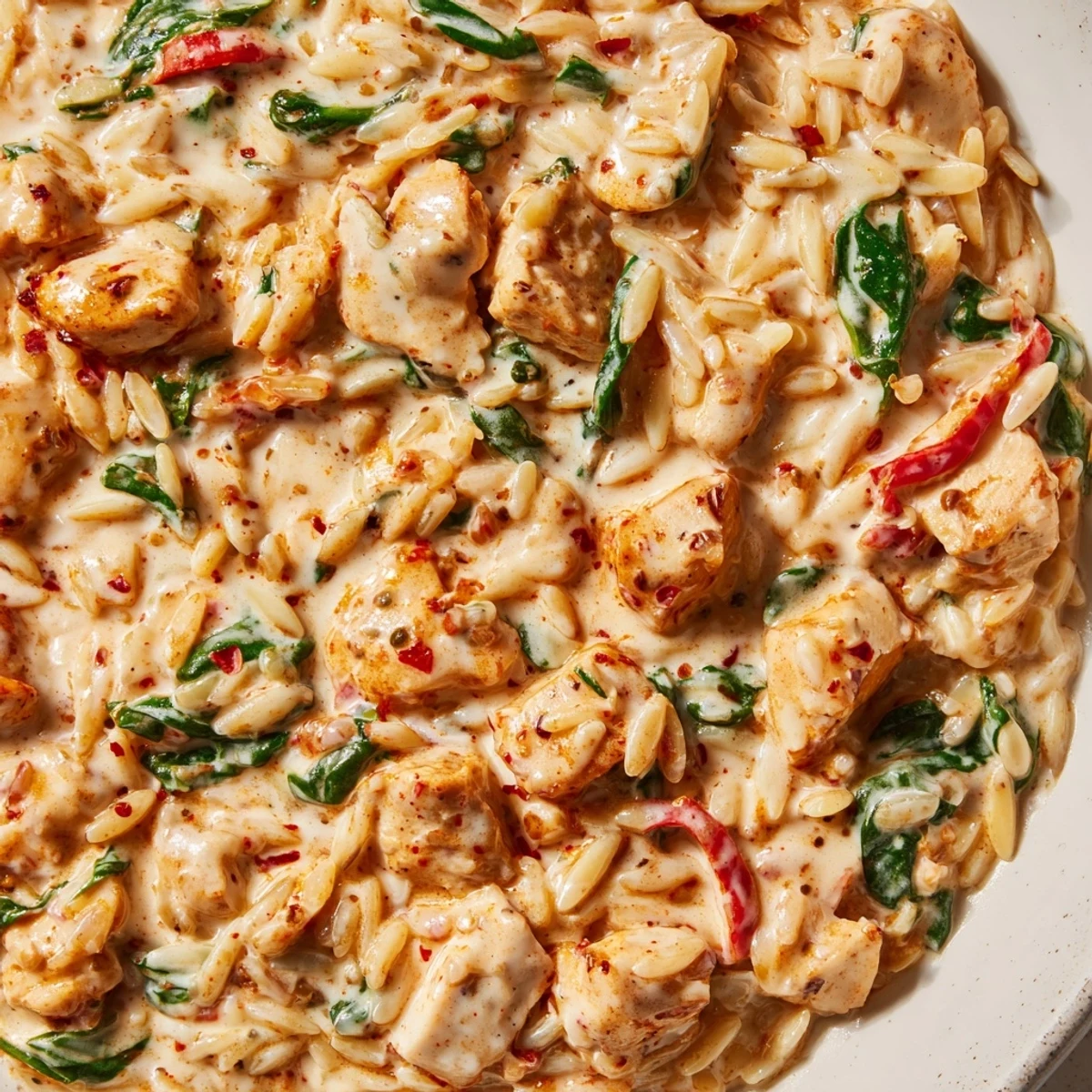Creamy One Pot Cajun Chicken Alfredo Orzo topped with fresh parsley in a cast iron skillet