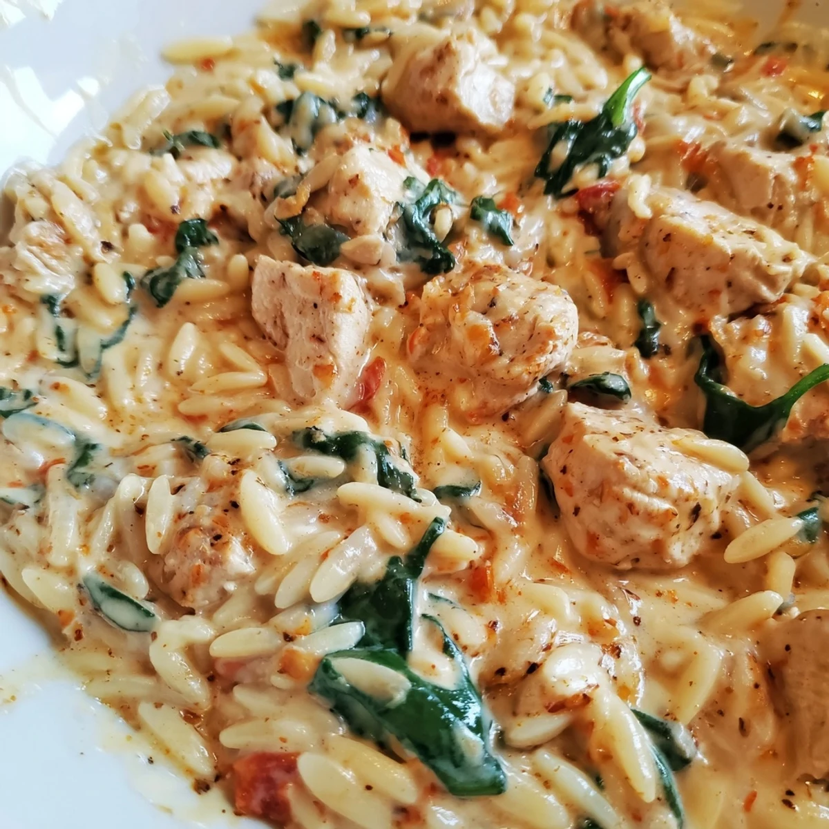 Steaming bowl of One Pot Cajun Chicken Alfredo Orzo with tender diced chicken and vibrant peppers