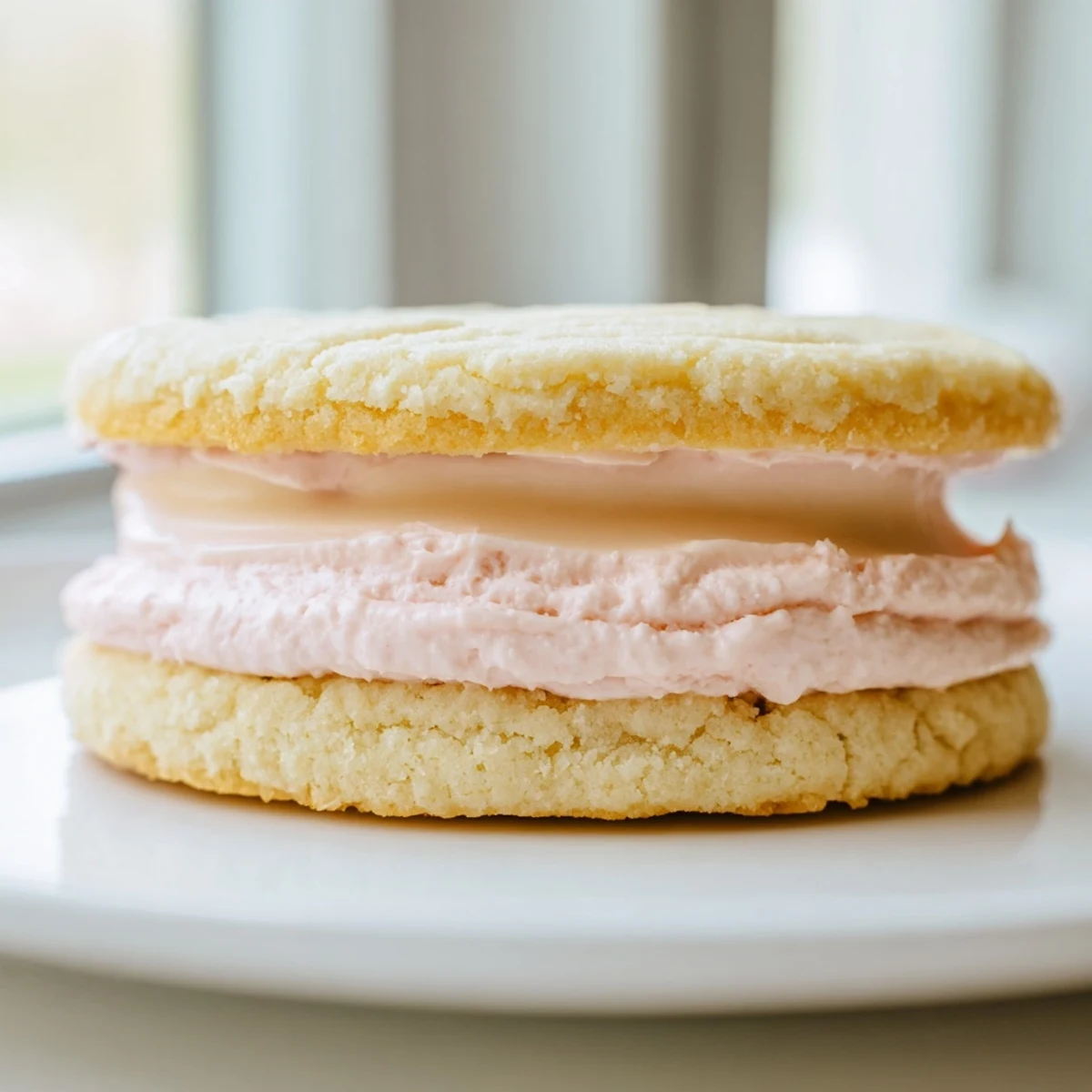 Soft pastel sugar cookie sandwiches with swirled buttercream filling on a marble countertop