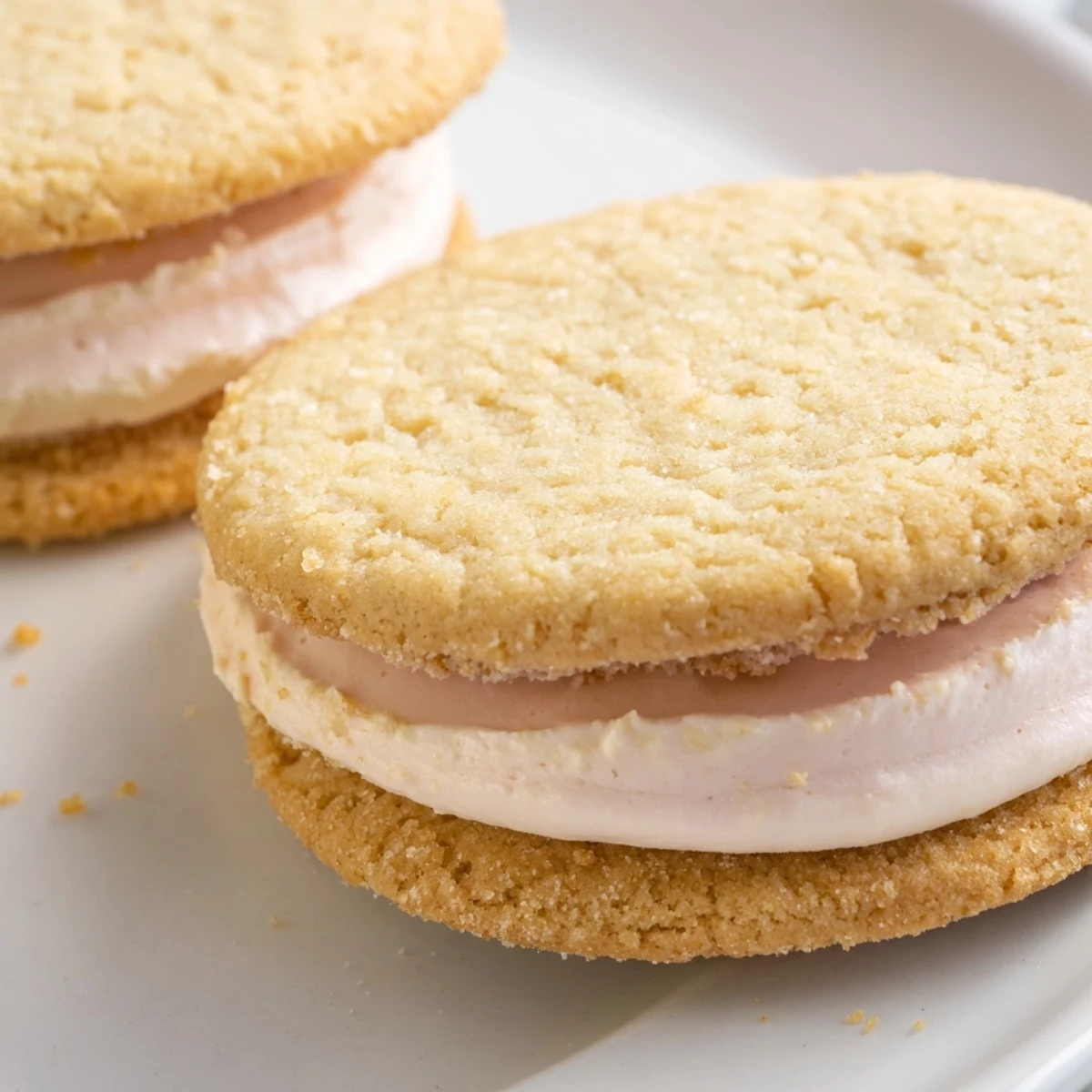 Delicate sugar cookie sandwiches showing pink and blue buttercream centers ready for serving