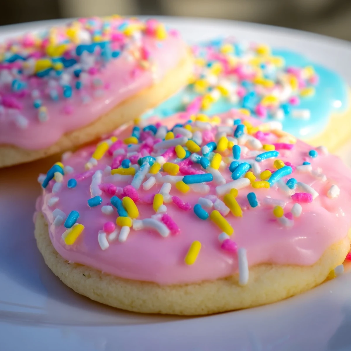 Soft pastel Easter cookies with swirled royal icing and colorful sprinkles on a rustic wooden board