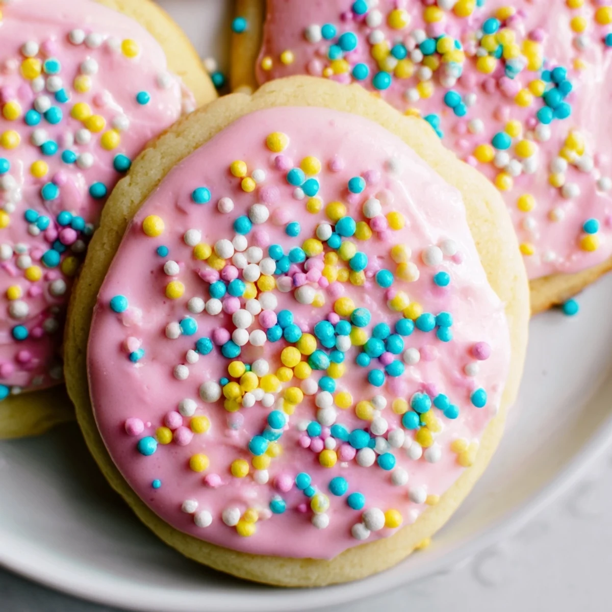 Decorated Easter sugar cookies arranged on a white plate with spring-themed edible decorations