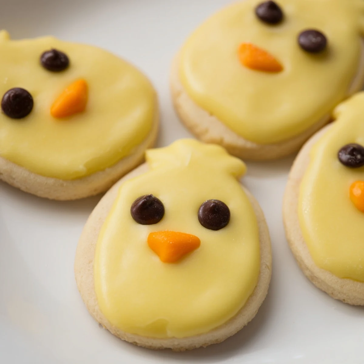 Adorable chick cookies with bright yellow frosting and cute candy faces on a rustic serving board