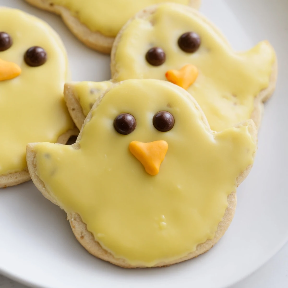 Homemade chick cookies arranged on parchment paper with glossy glaze and playful chocolate chip eyes
