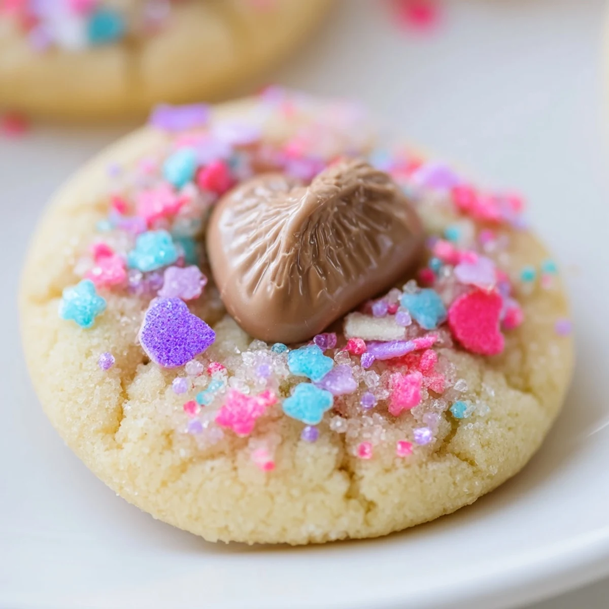 Soft Easter Blossom Cookies with colorful sprinkles and melty chocolate kisses on a rustic baking sheet
