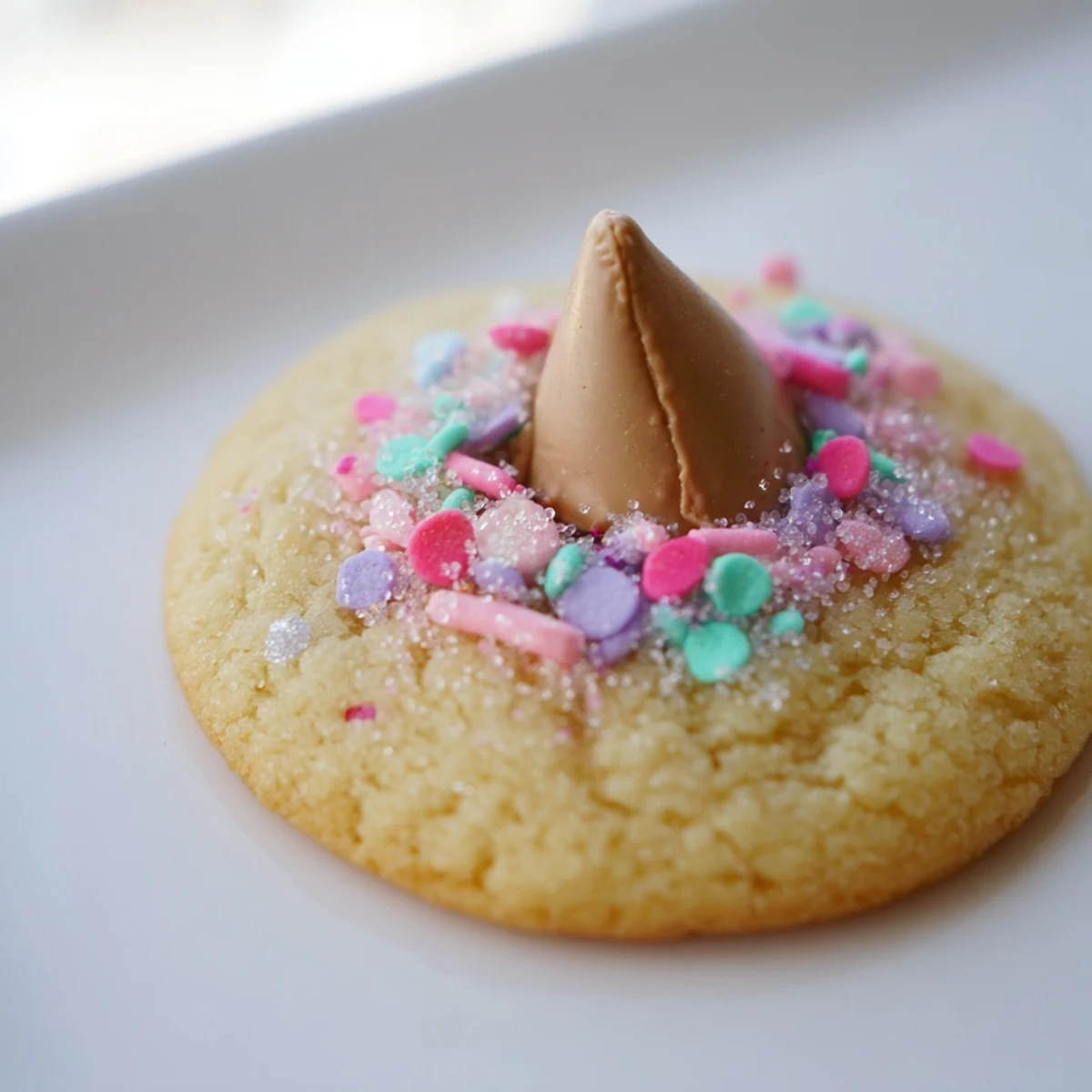 Golden Easter Blossom Cookies topped with pastel candy-coated chocolate kisses for a festive spring dessert