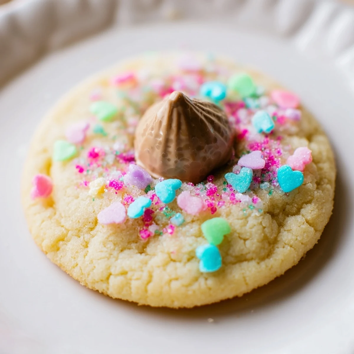 Buttery Easter Blossom Cookies arranged on a white platter with creamy chocolate centers and sparkling sugar