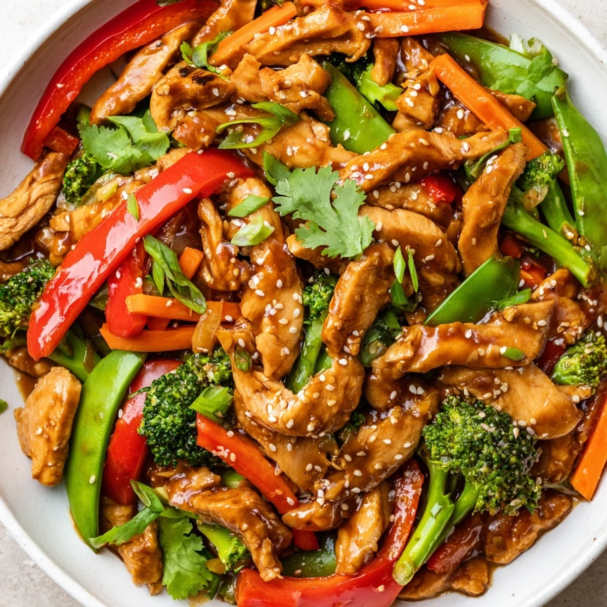 Sesame soy chicken stir fry sizzling in a wok with colorful crisp vegetables and glossy sauce