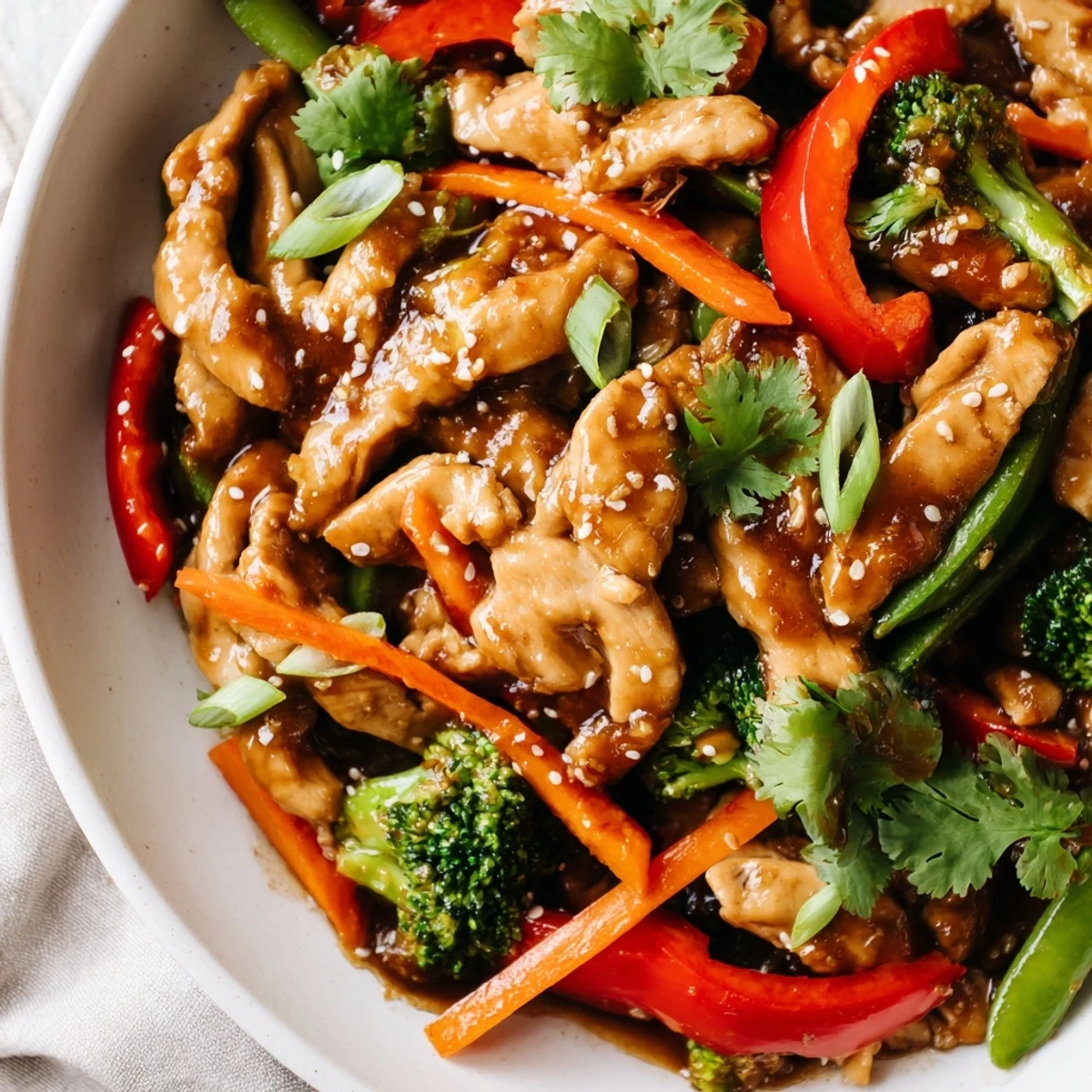 Tender sesame soy chicken stir fry topped with sesame seeds and served over fluffy white rice