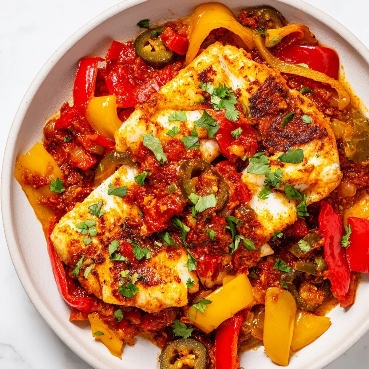 Golden tilapia fillets nestled in spicy roasted pepper skillet with vibrant red and yellow colors