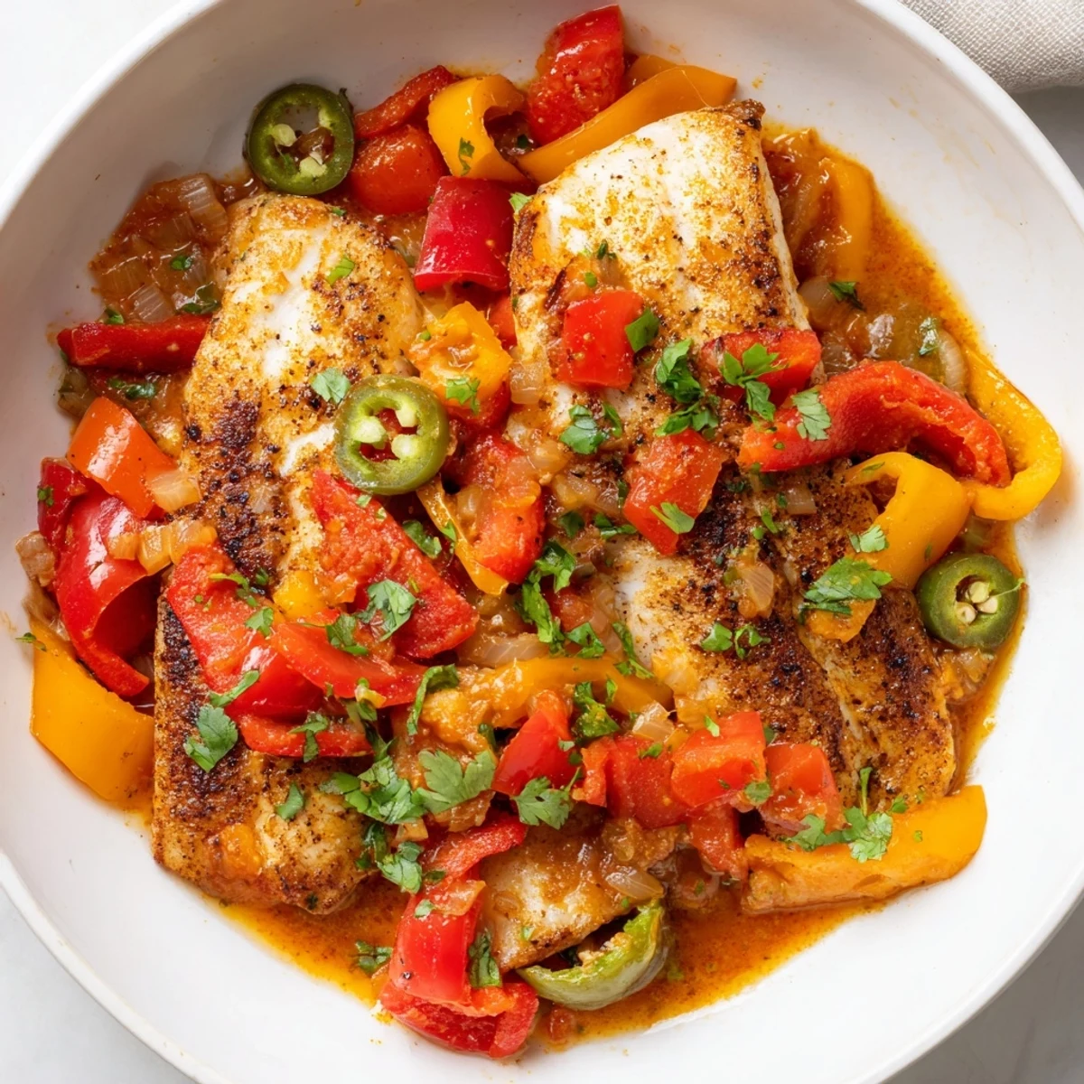 Spicy roasted pepper tilapia skillet topped with fresh cilantro and drizzled lime juice