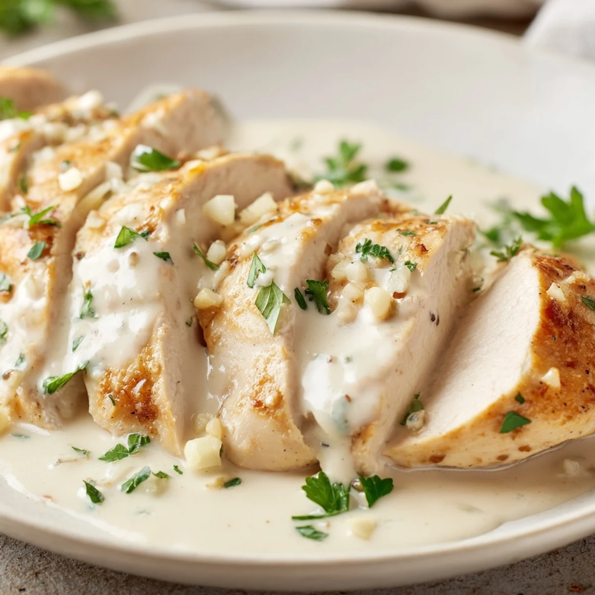 Creamy garlic chicken in a smooth white wine and herb sauce ready for a cozy family dinner