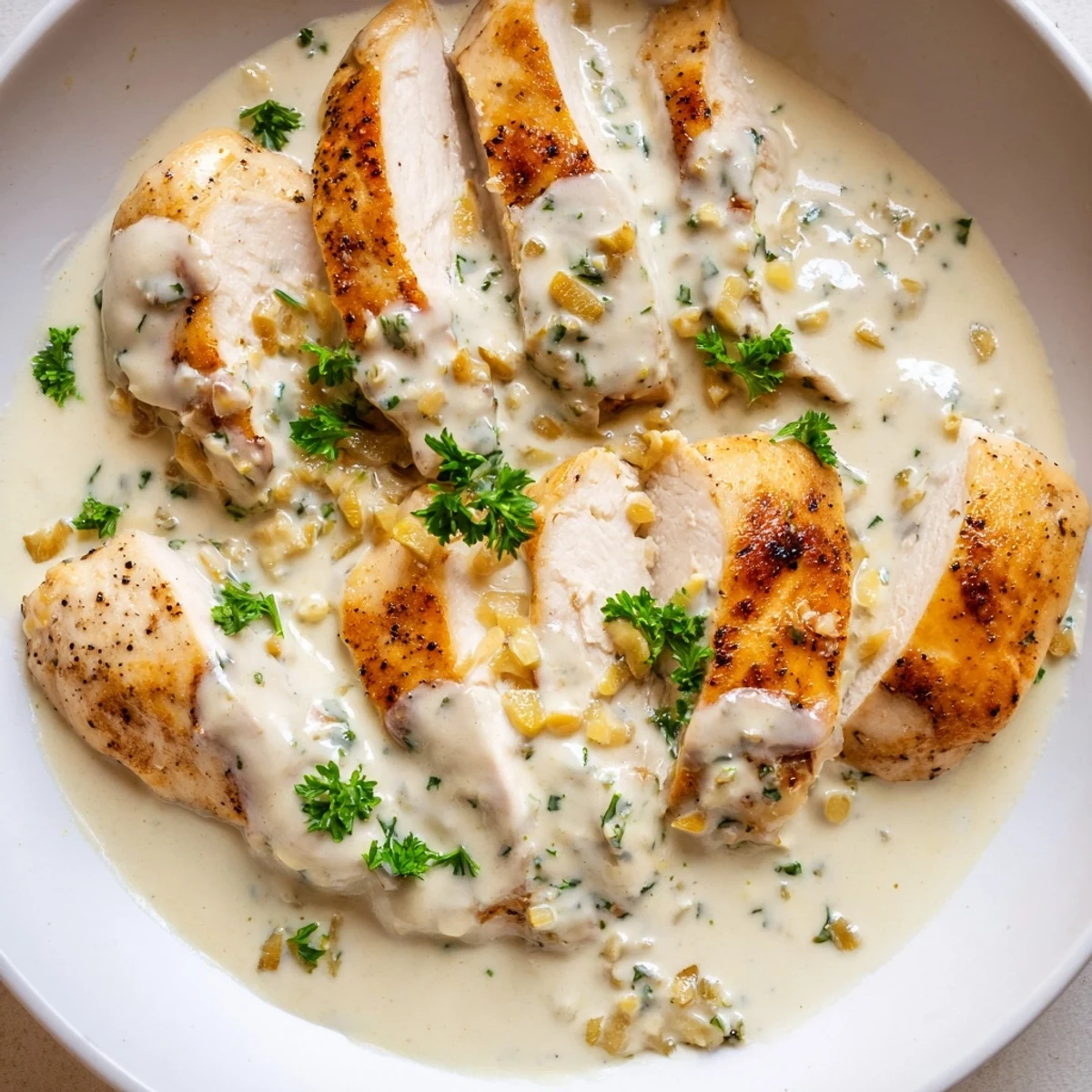 Golden seared creamy garlic chicken breasts coated in rich, velvety Parmesan sauce with fresh parsley garnish