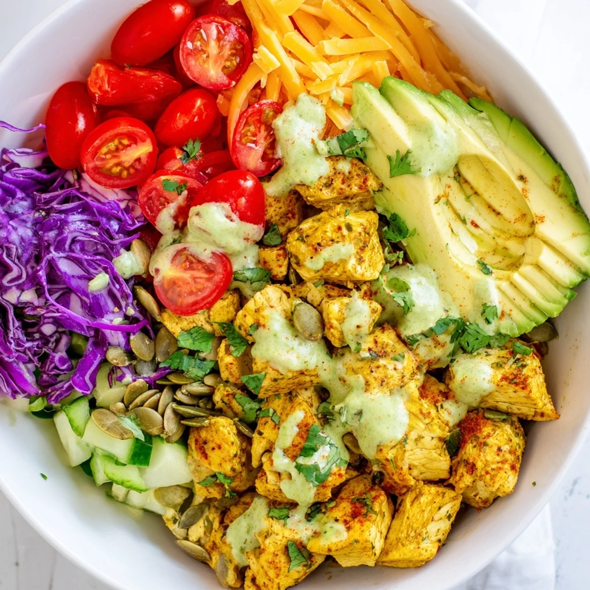 Colorful keto bowls loaded with fresh vegetables and tender seasoned chicken topped with creamy avocado dressing