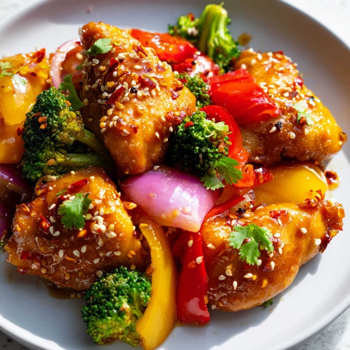 Colorful chicken stir fry with crisp vegetables served over fluffy steamed white rice