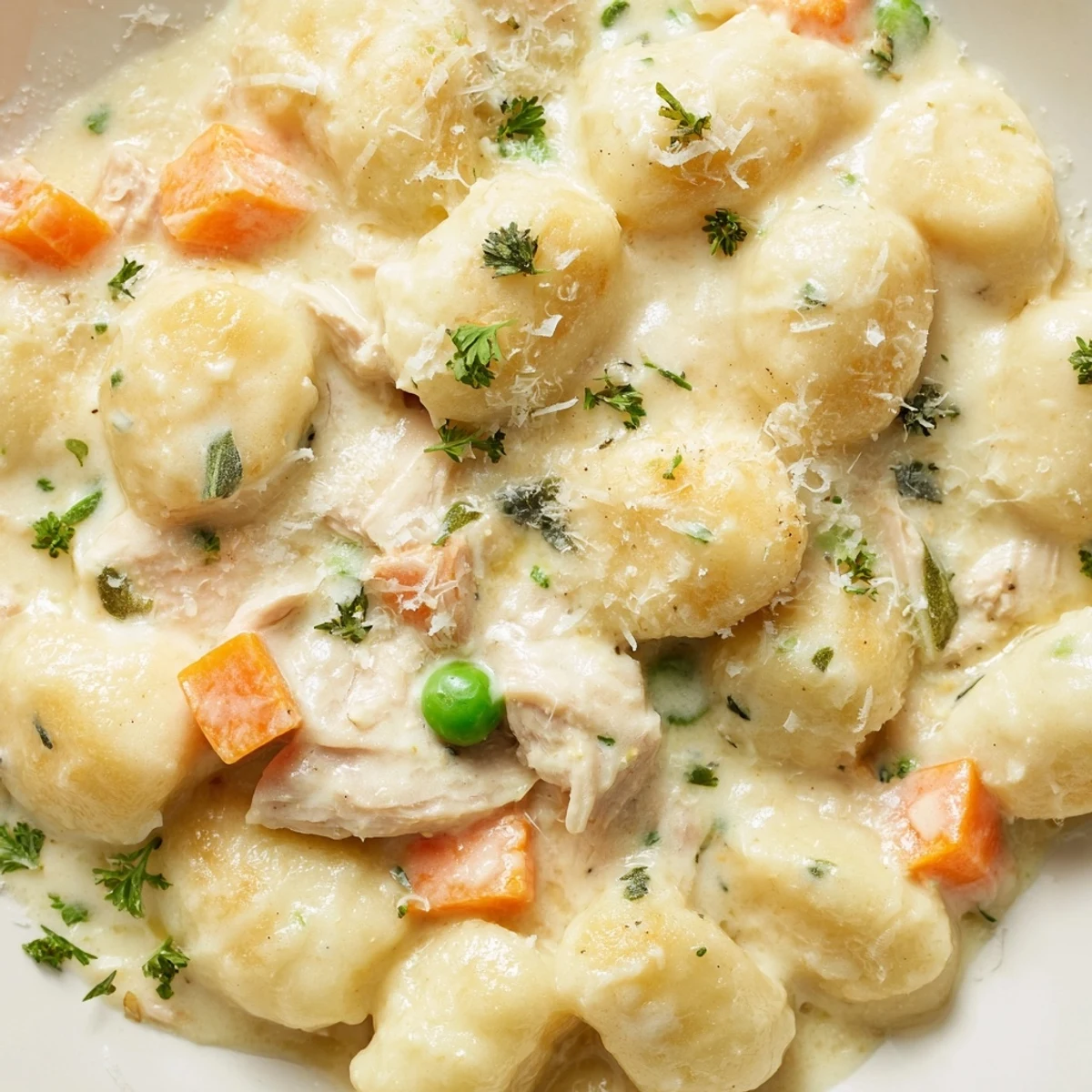 Creamy one pot gnocchi chicken pot pie in a cast iron skillet with tender vegetables