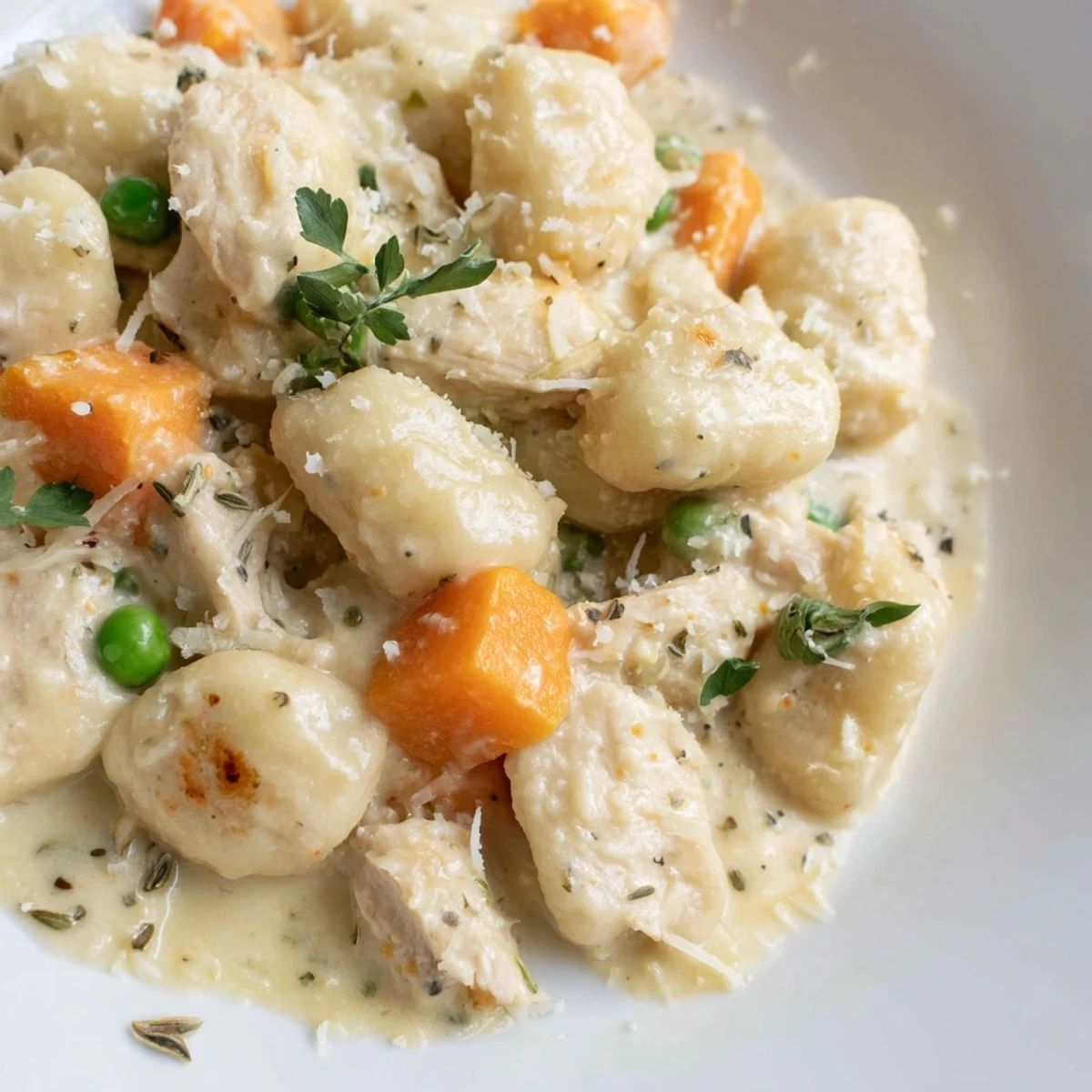 Golden one pot gnocchi chicken pot pie topped with fresh parsley garnish