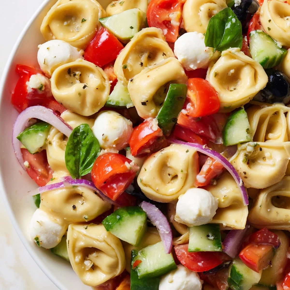 Colorful tortellini salad with cherry tomatoes, cucumber, and zesty Italian dressing in a serving bowl