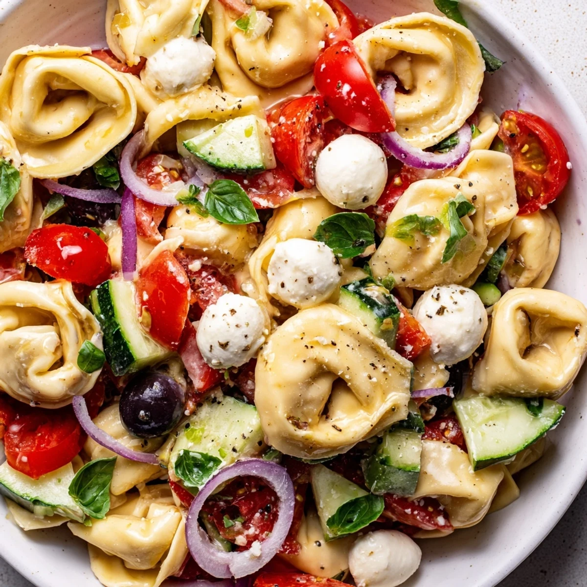 Creamy cheese tortellini salad tossed with crisp vegetables and herbs on a rustic wooden table