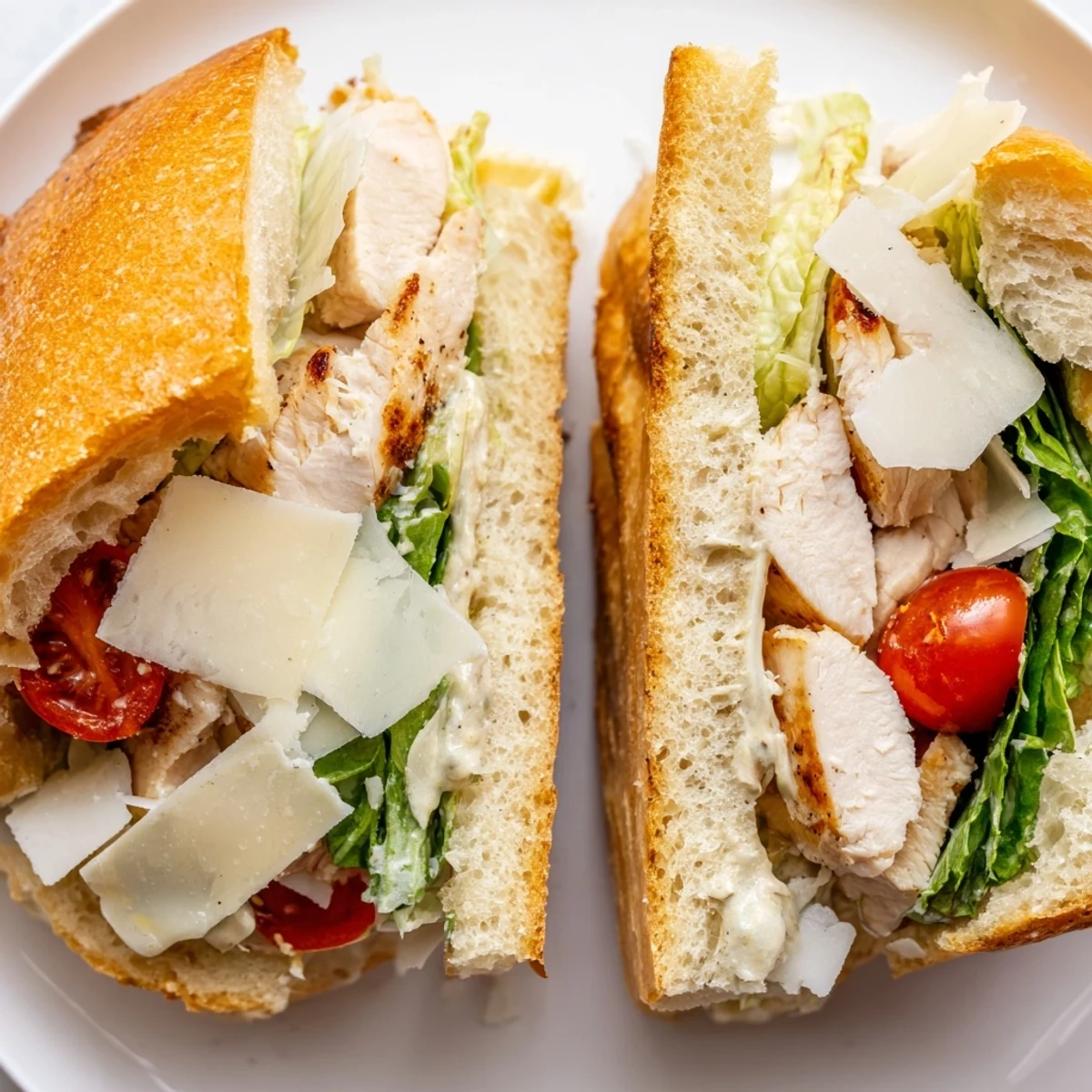 Golden grilled chicken Caesar sandwich with crisp romaine and creamy dressing on toasted ciabatta