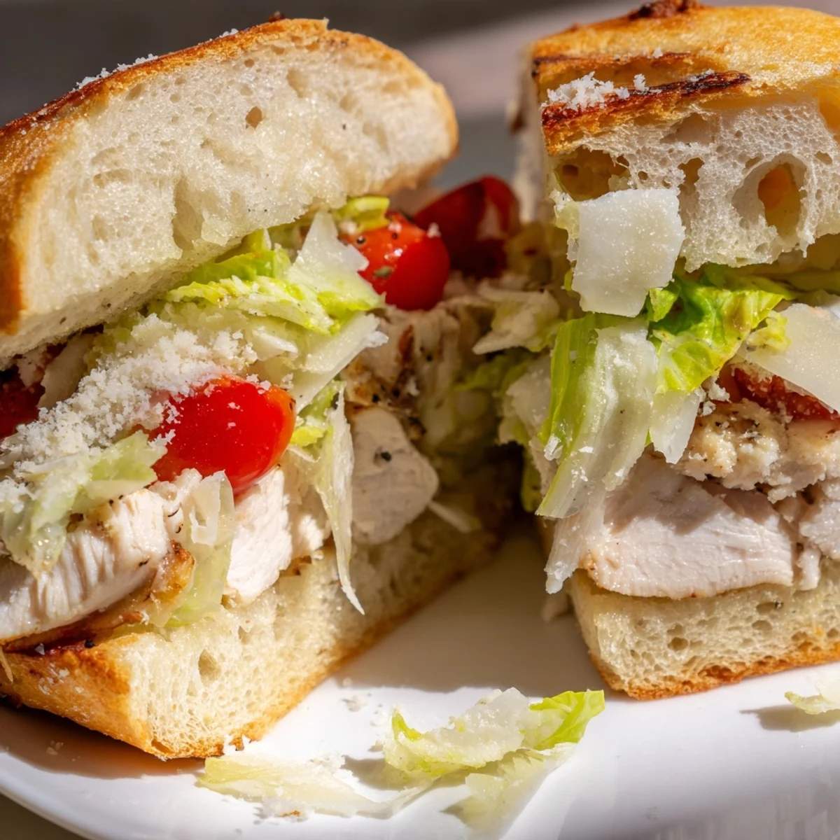 Toasted chicken Caesar sandwich layered with shaved Parmesan, fresh lettuce, and tangy homemade dressing