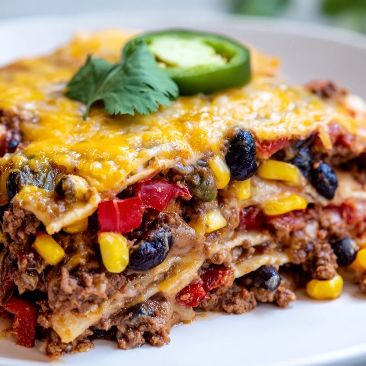 Golden melted cheese tops this Mexican lasagna with layers of seasoned beef and beans