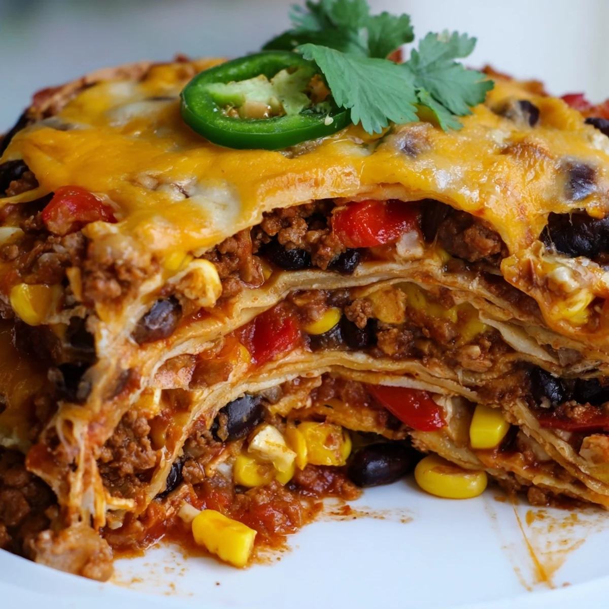 Mexican lasagna bubbling with spicy ground beef corn black beans and melted cheese
