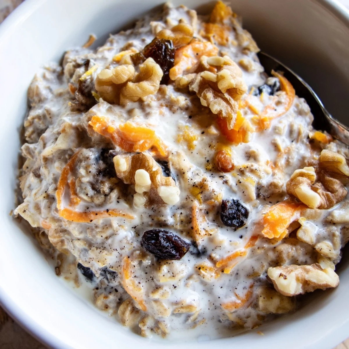 Creamy carrot cake overnight oats in a glass jar topped with crunchy walnuts and a cinnamon dusting