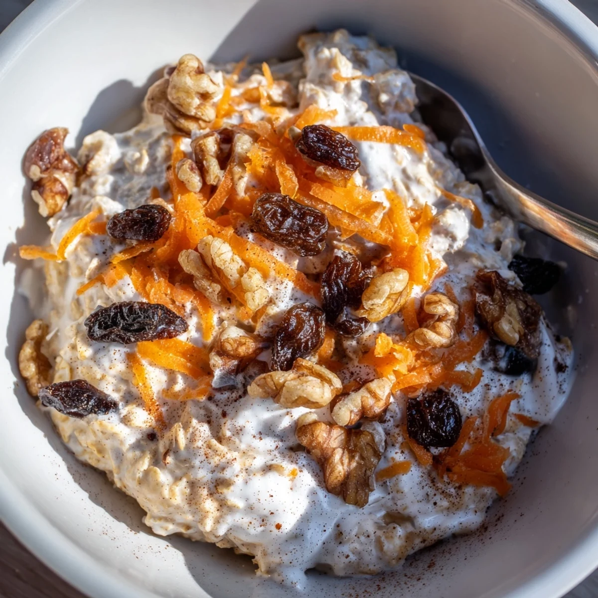 Carrot cake overnight oats with grated carrots, plump raisins, and a generous sprinkle of warm spices