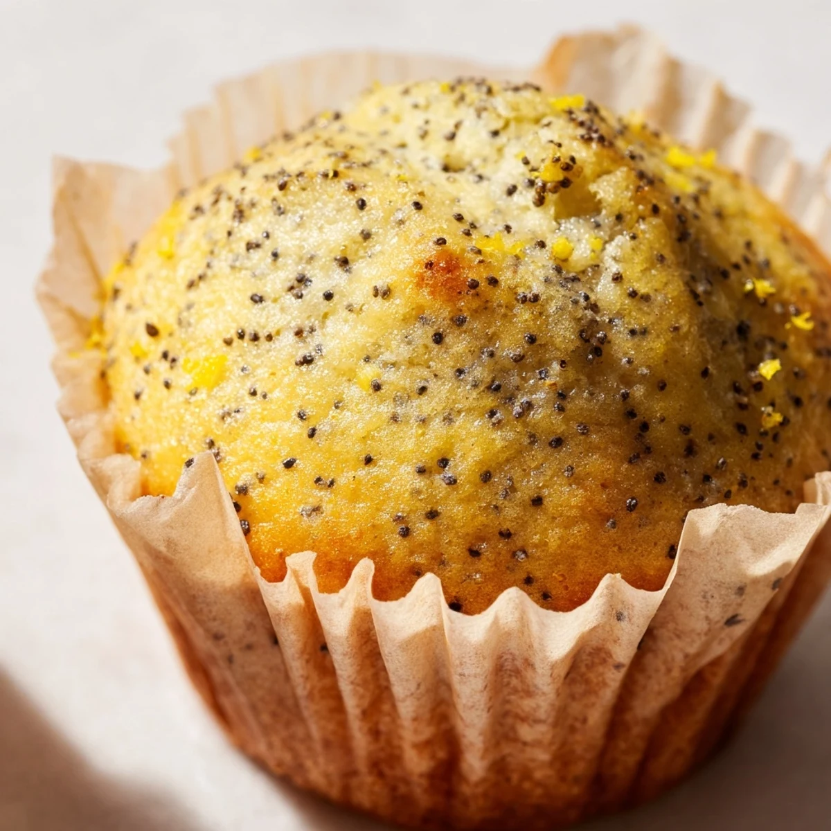 Moist Lemon Poppy Seed Muffins speckled with seeds and topped with bright lemon zest