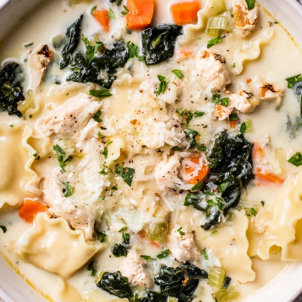 Creamy Italian White Lasagna Soup in a white bowl with melted cheese and fresh parsley garnish