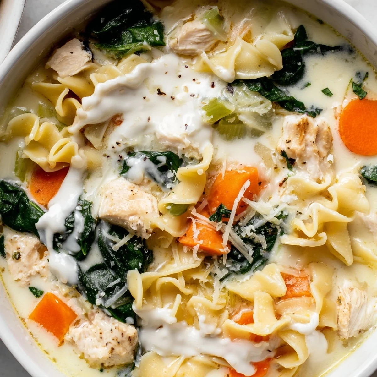 Steaming bowl of Italian White Lasagna Soup featuring tender chicken, spinach, and broken lasagna noodles