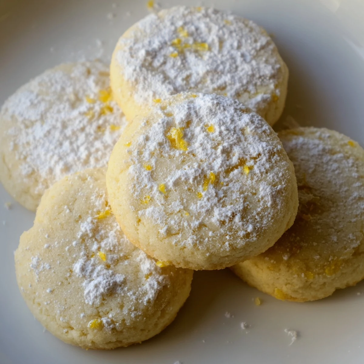 Powdered sugar-dusted Lemon Meltaways arranged on a rustic wooden serving board