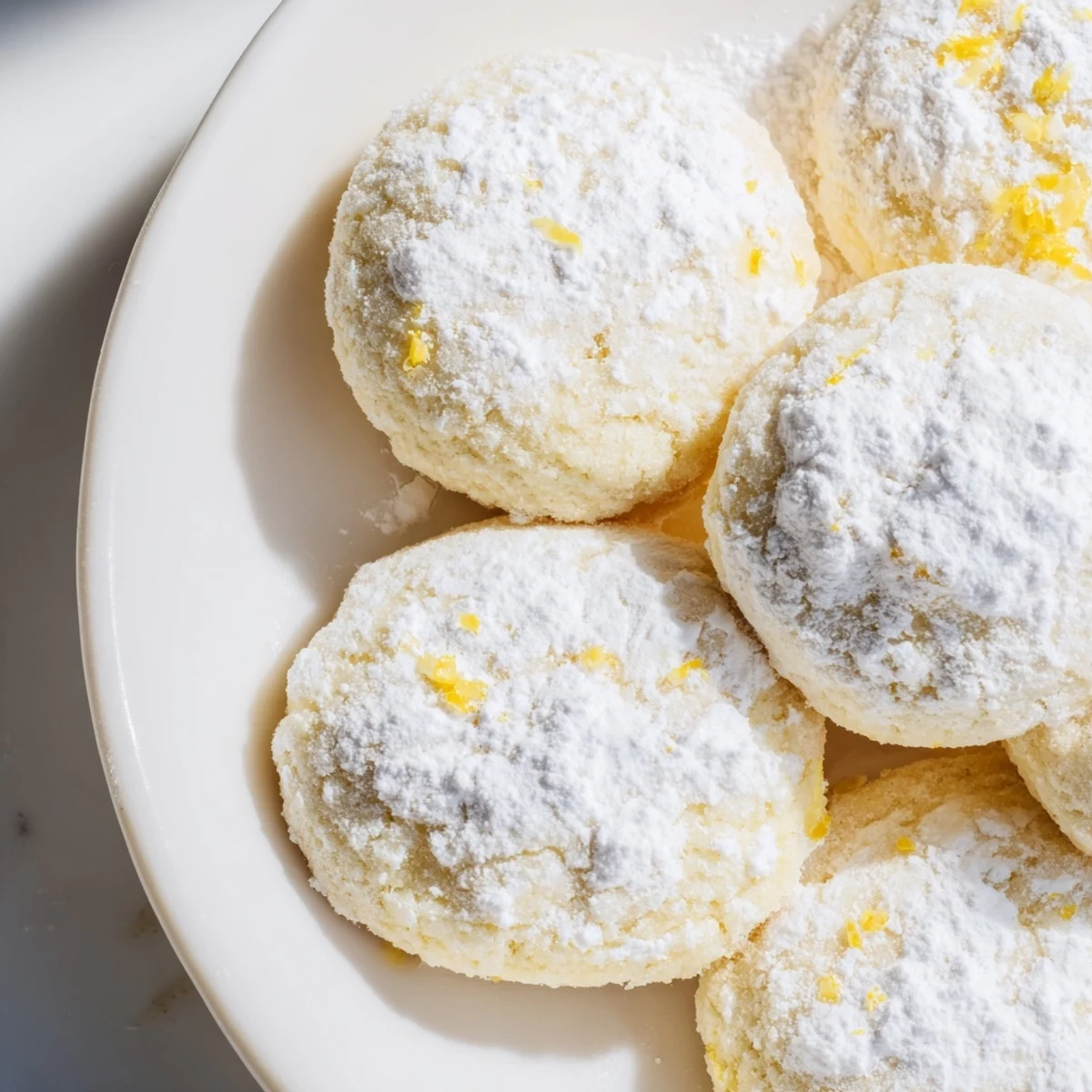 Buttery Lemon Meltaways with golden edges displayed beside a cup of tea