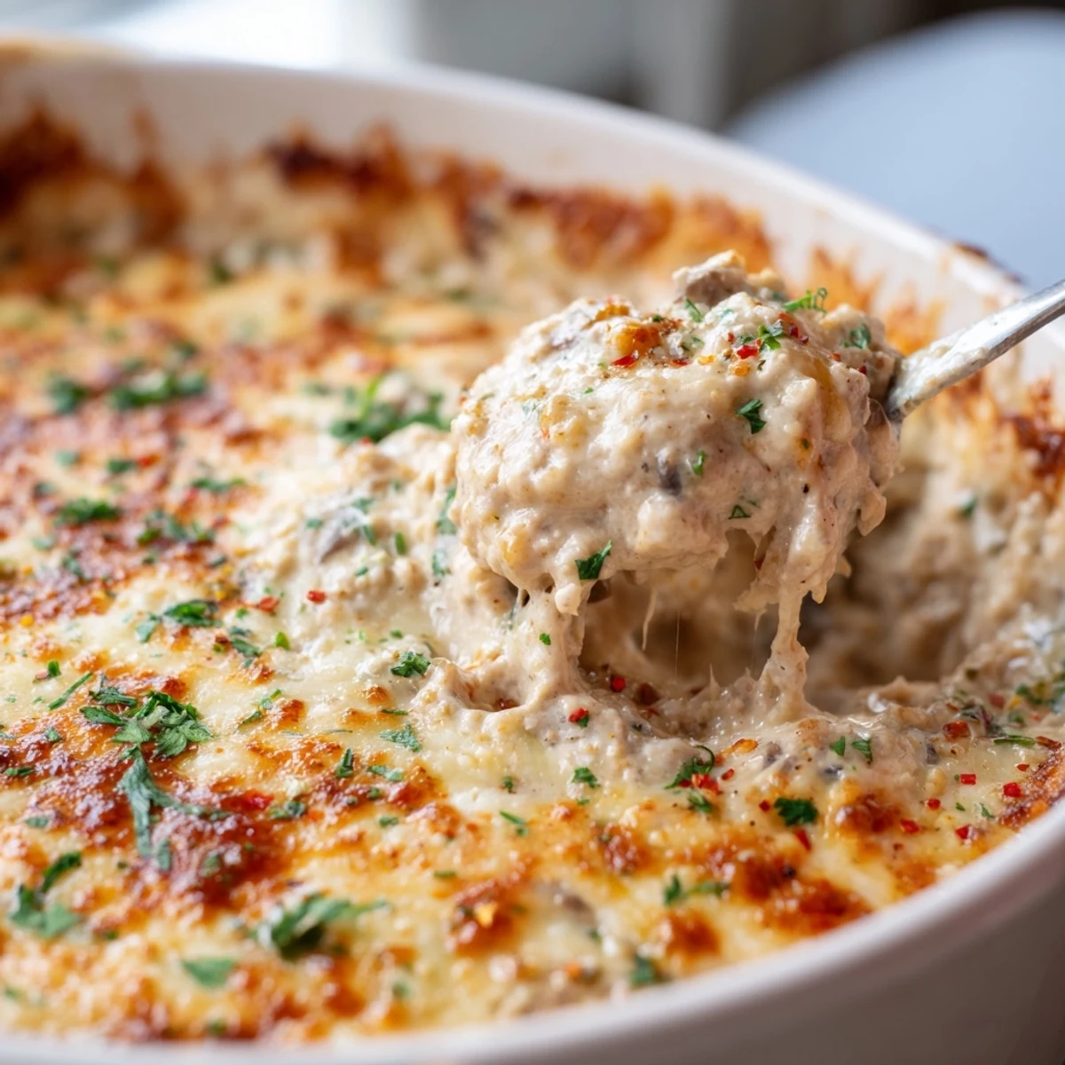 Creamy stuffed mushroom dip bubbling with golden melted cheese in a cast iron skillet