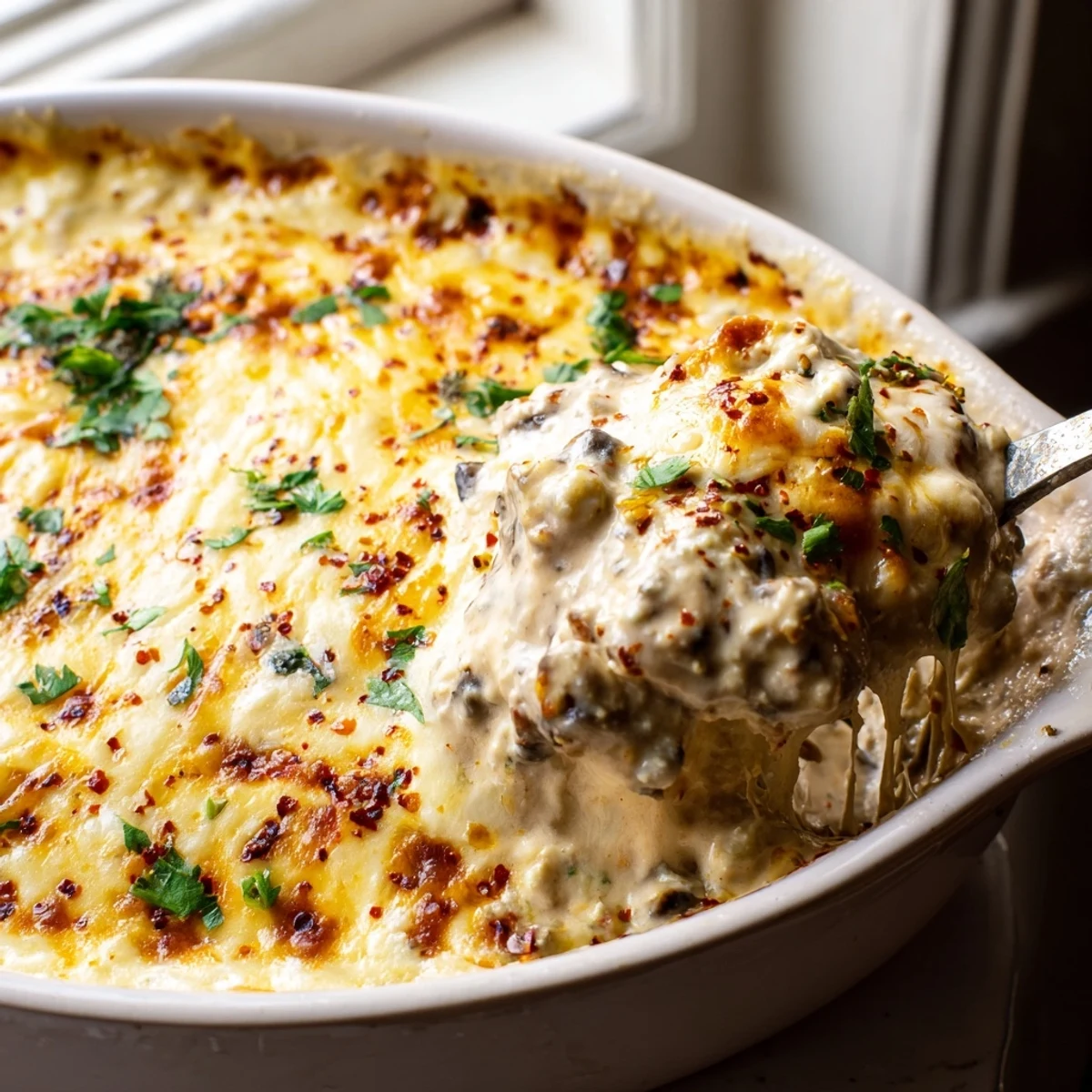 Warm stuffed mushroom dip served with crispy baguette slices and fresh vegetable crudités