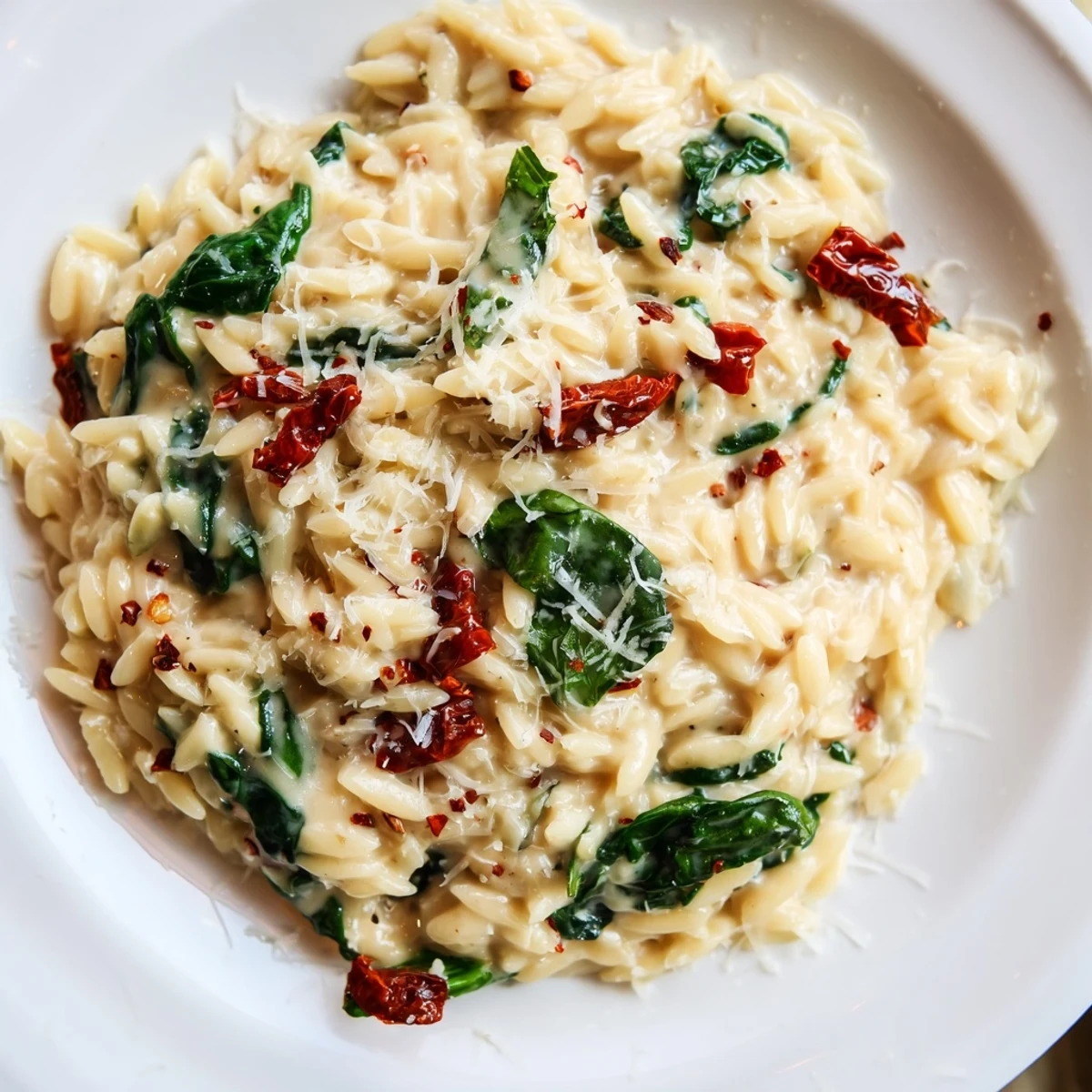 Creamy Tuscan orzo in a skillet with wilted spinach and sun-dried tomatoes throughout