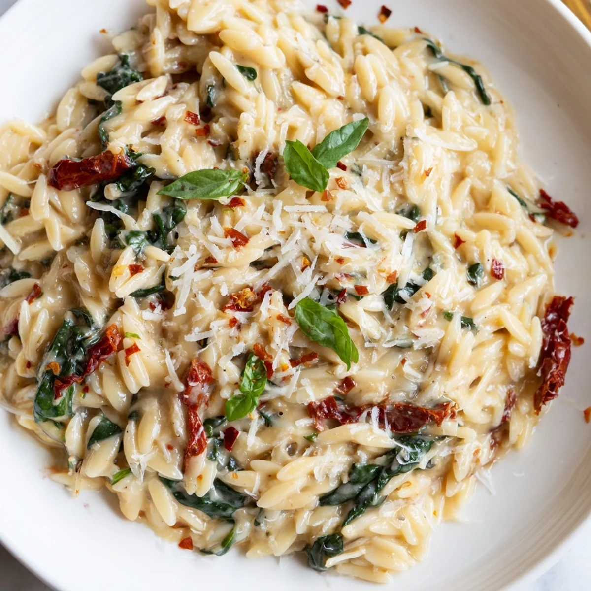 Golden forkful of Creamy Tuscan orzo topped with fresh basil and Parmesan