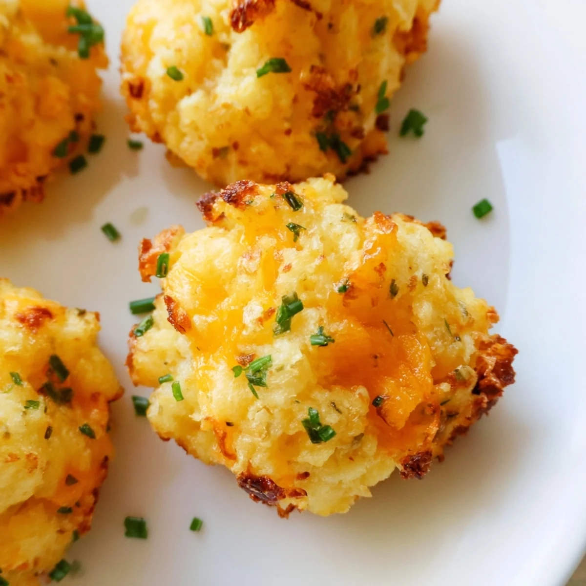 Golden Mashed Potato Cheese Puffs baked until crispy on a white serving plate