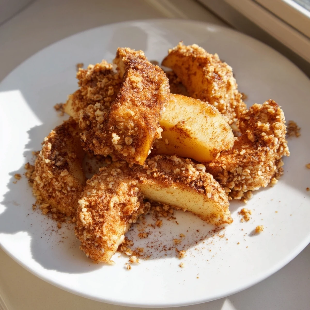 Golden crispy air fryer apples coated in warm cinnamon sugar served in a rustic bowl