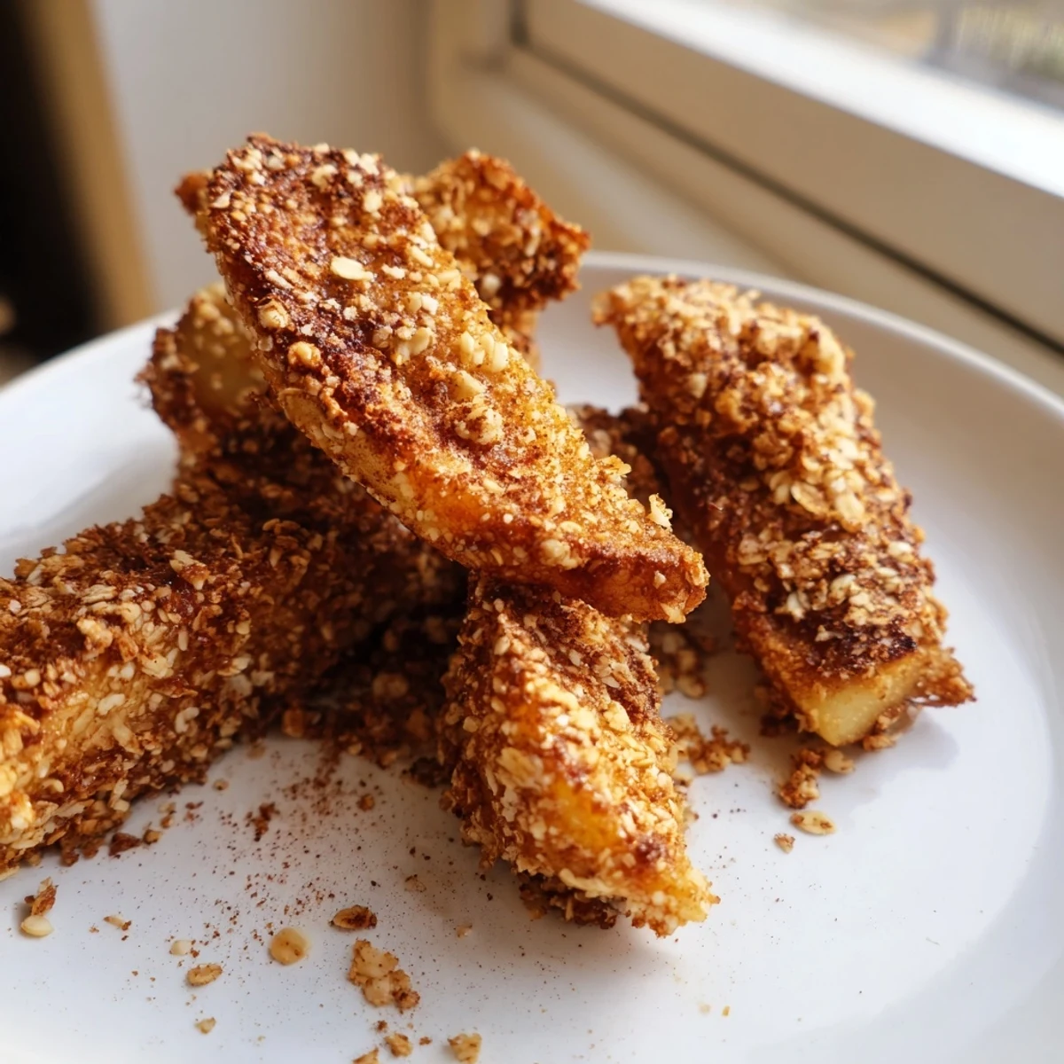 Tender caramelized air fryer apple slices with crunchy oat topping drizzled with melted butter