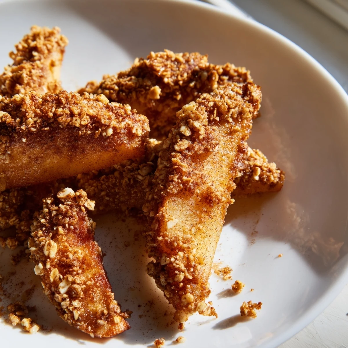 Crispy air fryer apples dusted with cinnamon paired with a scoop of vanilla ice cream