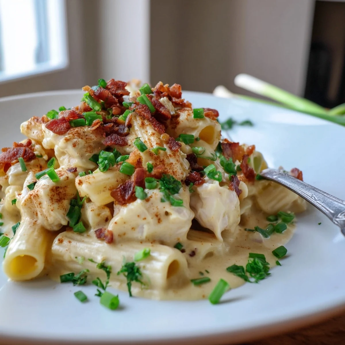 Creamy crack chicken pasta topped with crispy beef bacon and fresh green herbs