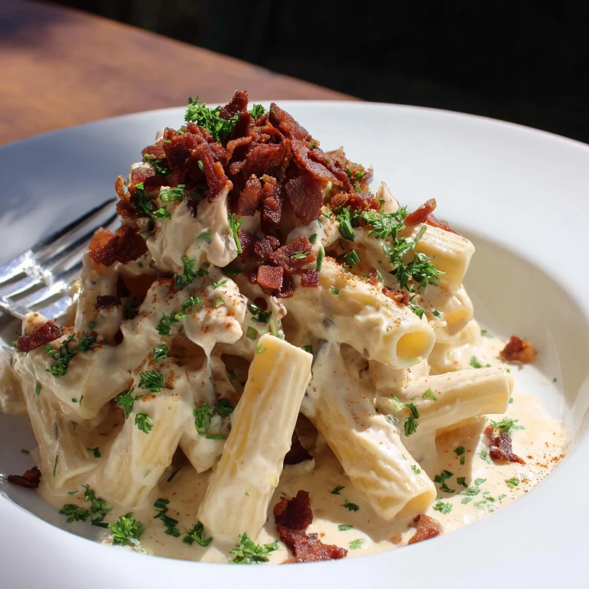 Golden penne coated in rich cheese sauce with tender chicken and crispy bacon bits