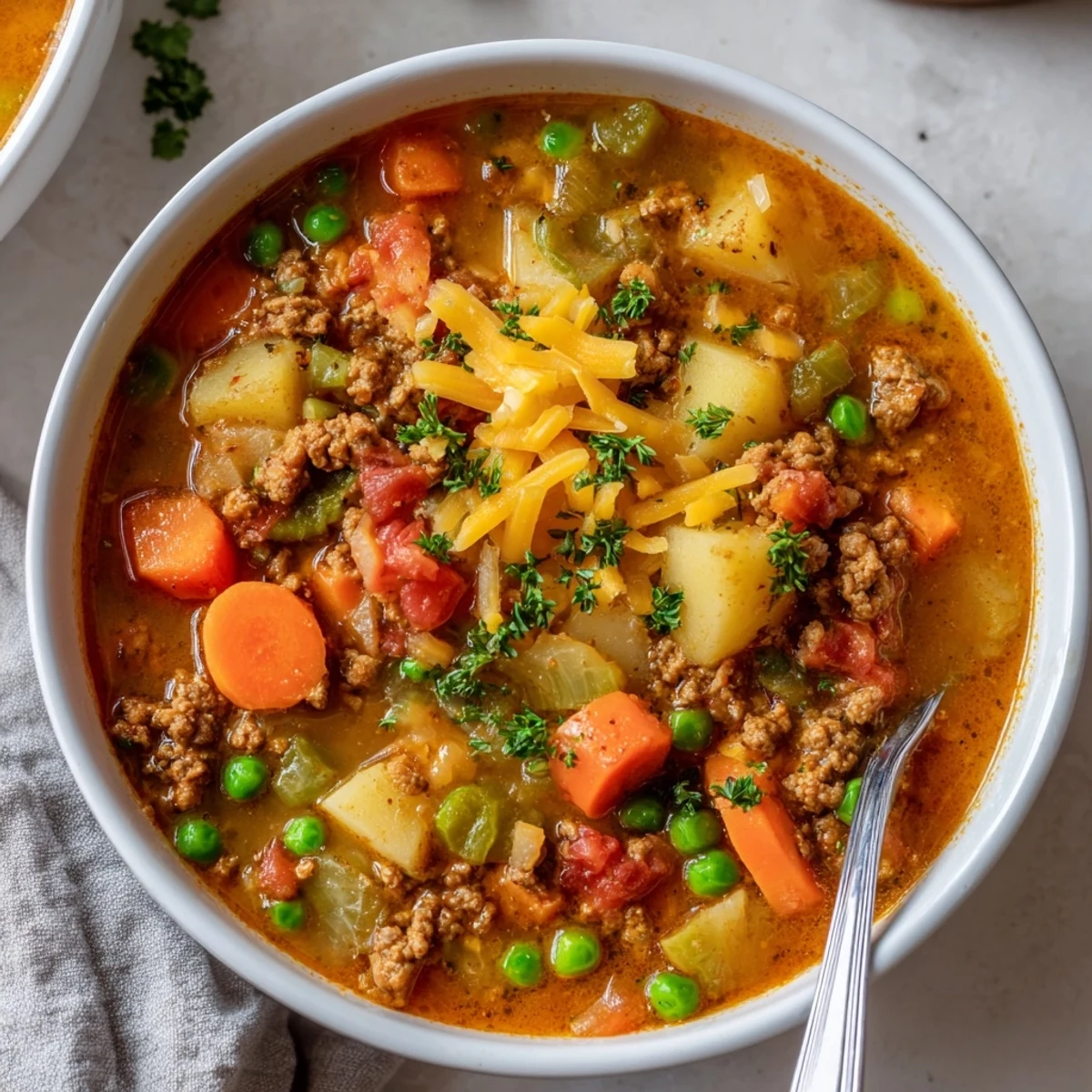Steaming bowl of ground beef and potato soup with tender chunks and rich broth