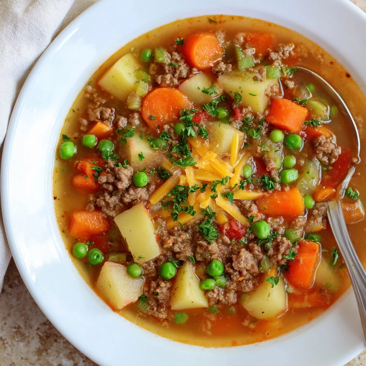 Hearty ground beef and potato soup loaded with vegetables in rustic ceramic bowl