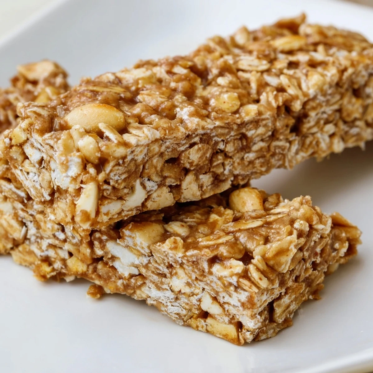 Chewy No Bake Apple Peanut Butter Granola Bars sliced and stacked on a rustic wooden cutting board alongside scattered dried apple pieces and a jar of creamy peanut butter